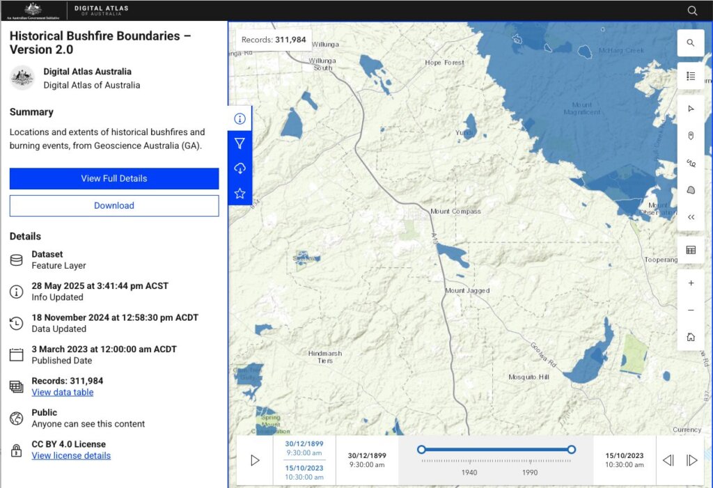 This image shows some of the most significant bushfires which have occurred in the vicinity of Mount Compass between 1899 and 2023.